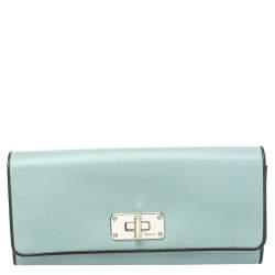 Pre Owned Prada Light Blue Saffiano Leather Turn Lock Continental Wallet