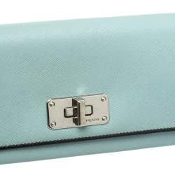 Pre Owned Prada Light Blue Saffiano Leather Turn Lock Continental Wallet