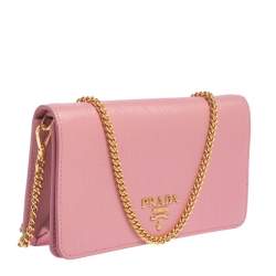Pre Owned Prada Pink Vitello Move Leather Wallet On Chain