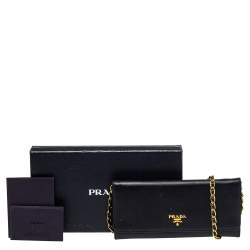 Pre Owned Prada Black Saffiano Lux Leather Wallet on Chain