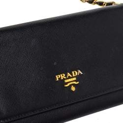 Pre Owned Prada Black Saffiano Lux Leather Wallet on Chain