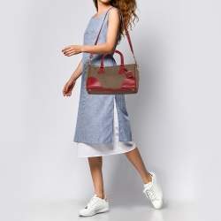 Pre Owned Prada Red/Brown Canvas and Leather Jacquard Logo Convertible Satchel