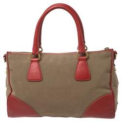 Pre Owned Prada Red/Brown Canvas and Leather Jacquard Logo Convertible Satchel