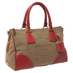 Pre Owned Prada Red/Brown Canvas and Leather Jacquard Logo Convertible Satchel