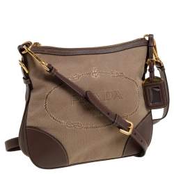 Pre Owned Prada Beige/Brown Jacquard Canvas And Leather Crossbody Bag
