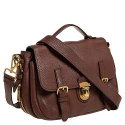 Pre Owned Prada Brown Leather Pushlock Flap Top Handle Bag 