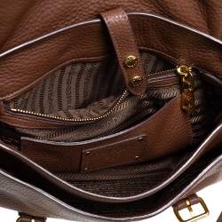 Pre Owned Prada Brown Leather Pushlock Flap Top Handle Bag 