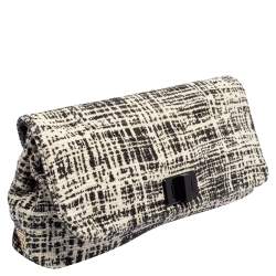 Pre Owned Prada Black/White Printed Tweed Turnlock Flap Clutch