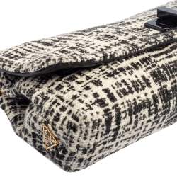 Pre Owned Prada Black/White Printed Tweed Turnlock Flap Clutch