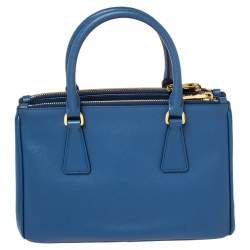 Pre Owned Prada Blue Saffiano Lux Leather Mini Galleria Double Zip Tote