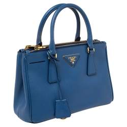 Pre Owned Prada Blue Saffiano Lux Leather Mini Galleria Double Zip Tote