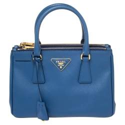 Pre Owned Prada Blue Saffiano Lux Leather Mini Galleria Double Zip Tote