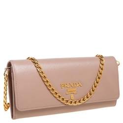 Pre Owned Prada Nude Vitello Move Leather Leather Wallet On Chain