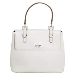 Pre Owned Prada White Leather Turn Lock Top Handle Bag