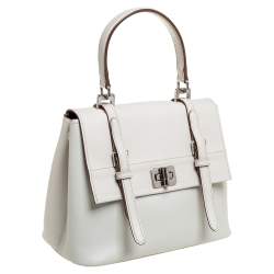 Pre Owned Prada White Leather Turn Lock Top Handle Bag
