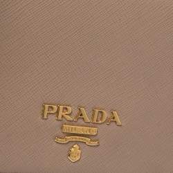 Pre Owned Prada Beige Saffiano Lux Leather Logo Plaque Wallet On Chain