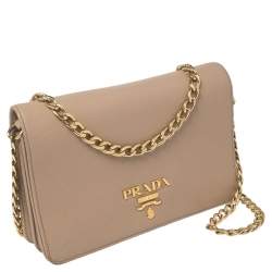 Pre Owned Prada Beige Saffiano Lux Leather Logo Plaque Wallet On Chain