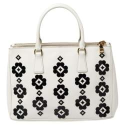 Pre Owned Prada Off White Floral Applique Patent Leather Medium Double Zip Tote
