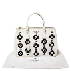 Pre Owned Prada Off White Floral Applique Patent Leather Medium Double Zip Tote