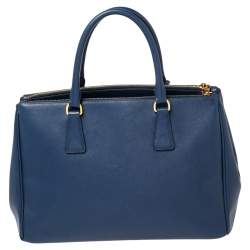 Pre Owned Prada Blue Saffiano Lux Leather Medium Galleria Double Zip Tote