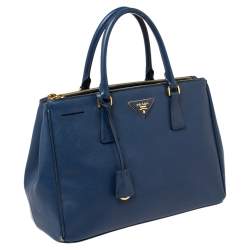 Pre Owned Prada Blue Saffiano Lux Leather Medium Galleria Double Zip Tote