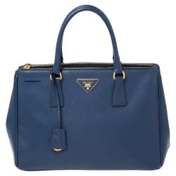 Pre Owned Prada Blue Saffiano Lux Leather Medium Galleria Double Zip Tote