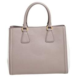 Pre Owned Prada Dark Beige/White Saffiano Lux Leather Tote
