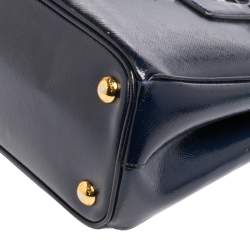 Pre Owned Prada Navy Blue Saffiano Vernice Leather Mini Galleria Double Zip Tote