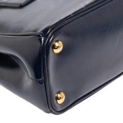 Pre Owned Prada Navy Blue Saffiano Vernice Leather Mini Galleria Double Zip Tote