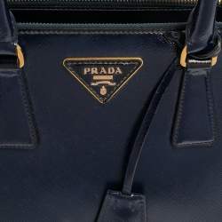 Pre Owned Prada Navy Blue Saffiano Vernice Leather Mini Galleria Double Zip Tote
