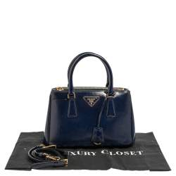 Pre Owned Prada Navy Blue Saffiano Vernice Leather Mini Galleria Double Zip Tote