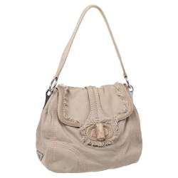 Pre Owned Prada Beige Canvas And Crocodile Leather Turnlock Shoulder Bag