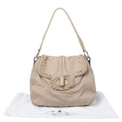 Pre Owned Prada Beige Canvas And Crocodile Leather Turnlock Shoulder Bag