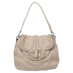 Pre Owned Prada Beige Canvas And Crocodile Leather Turnlock Shoulder Bag