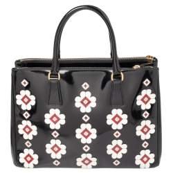 Pre Owned Prada Black Spazzolato Leather Medium Flowers Galleria Tote