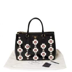 Pre Owned Prada Black Spazzolato Leather Medium Flowers Galleria Tote