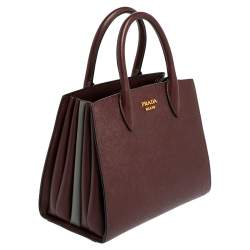 Pre Owned حقيبة يد توتس برادا بيبليوتيك جلد سافيانو عنابي/ رصاصي