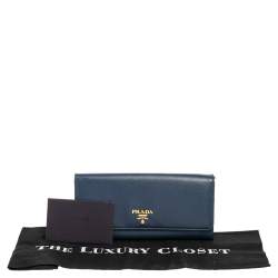 Pre Owned Prada Blue Saffiano Leather Flap Continental Wallet