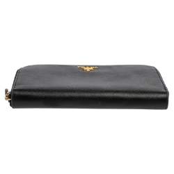 Pre Owned Prada Black Saffiano Lux Leather Zip Around Wallet