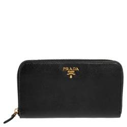 Pre Owned Prada Black Saffiano Lux Leather Zip Around Wallet