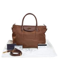 مملوكة مسبقًا حقيبة يد توتس برادا جلد سافيانو ونايلون تيسوتو بني سحاب