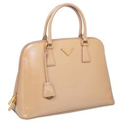 Pre Owned Prada Beige Saffiano Lux Patent Leather Large Promenade Satchel