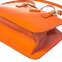 Pre Owned Prada Orange Saffiano Cuir Patent Leather Double Zip Tote