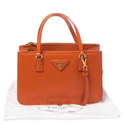 Pre Owned Prada Orange Saffiano Cuir Patent Leather Double Zip Tote