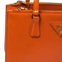 Pre Owned Prada Orange Saffiano Cuir Patent Leather Double Zip Tote