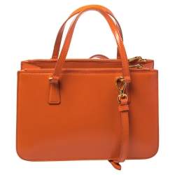 Pre Owned Prada Orange Saffiano Cuir Patent Leather Double Zip Tote