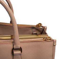 Pre Owned Prada Beige Saffiano Lux Leather Frame Double Zip Tote