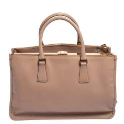 Pre Owned Prada Beige Saffiano Lux Leather Frame Double Zip Tote