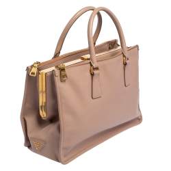 Pre Owned Prada Beige Saffiano Lux Leather Frame Double Zip Tote