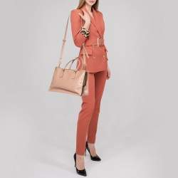 Pre Owned Prada Beige Saffiano Lux Leather Frame Double Zip Tote